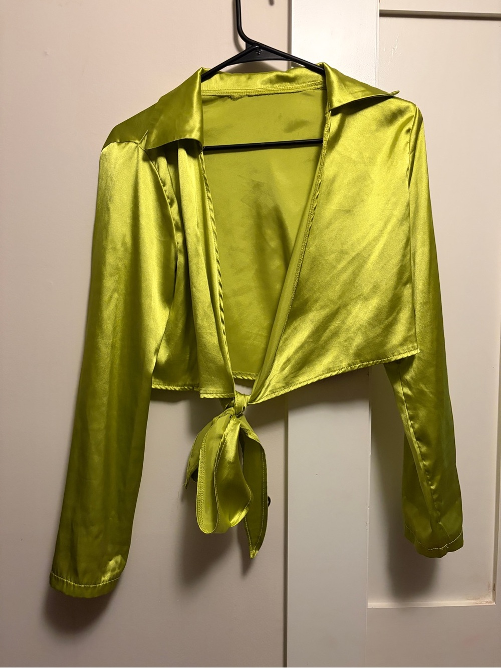 Satin Tie-Front Cropped Shrug in Lime Green